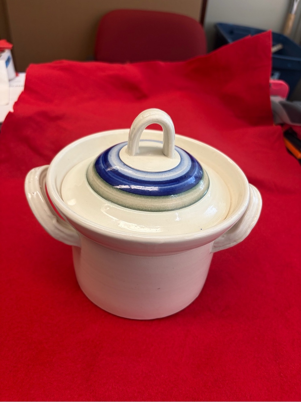 Handmade pottery Lidded bean pot with Blue and Green Accents
